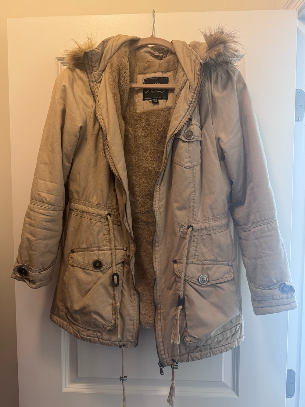 Royalty For Me Women’s Parka Jacket Beige Faux Fur Hood Utility Coat Size PM